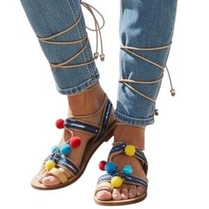 Steve Madden Italy Blue Beaded Lace-Up Sandals Size 7  Boho Pom Charm